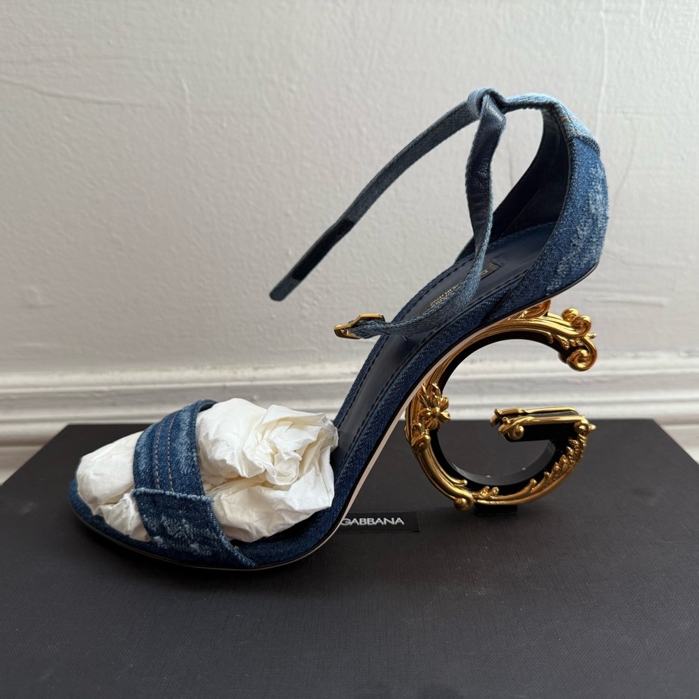 Patchwork denim sandals with baroque DG heel